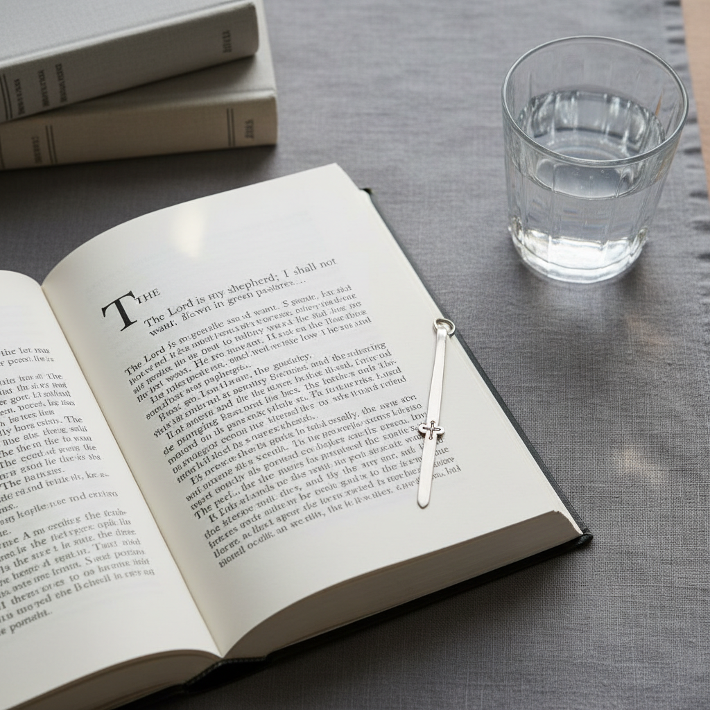 An elegantly typeset page of a collected sermons volume lies open on a slate-gray linen cloth, the creamy paper displaying crisp, black serif text with generous margins and a subtle drop cap at the start of the sermon. A slim, silver bookmark with a small engraved cross rests diagonally across the page. In the upper corner of the frame, a glass of clear water catches soft, diffused window light, sending a faint, muted reflection onto the cloth. The background softly falls out of focus, revealing only a hint of additional closed volumes. Shot from directly above with a balanced, minimalist composition, the mood is calm, thoughtful, and refined, emphasizing clarity and elegance in a muted, photographic aesthetic.