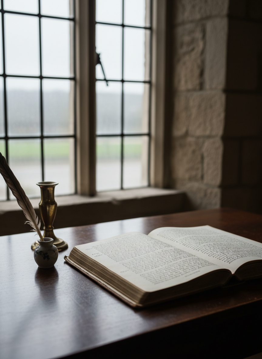 An antique, leather-bound sermon manuscript lies open on a simple, dark wooden desk, its handwritten pages filled with precise, sepia-toned ink lines and neat marginal notes. Beside it rests a single, unlit brass candlestick and a modest inkwell with a quill, all arranged with careful spacing. The desk sits near a narrow, mullioned window, where cool, overcast daylight filters through, creating soft gradients of light across the paper and subtle reflections on the brass. The background fades into a gentle blur of bare stone wall. Captured from a slightly elevated angle with shallow depth of field, the mood is intimate, scholarly, and quietly powerful, emphasizing the enduring written word in a refined, minimalist, photographic style.