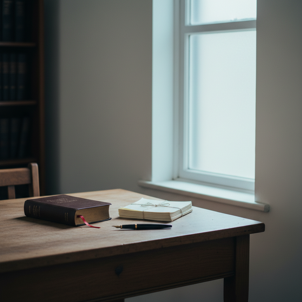 A vintage wooden writing desk stands near a tall, narrow window with frosted panes, the surface meticulously arranged: a closed, dark leather Bible with a satin ribbon marker, a stack of neatly tied sermon notes, and a single, simple fountain pen resting parallel to the desk’s edge. Pale, cool morning light diffuses through the window, creating soft highlights along the leather textures and subtle shadows beneath the objects. The room around the desk remains understated—a smooth plaster wall and the faint outline of a bookshelf in soft focus. Shot at a three-quarter angle with shallow depth of field, the composition emphasizes the objects while allowing background blur. The atmosphere is disciplined, reflective, and quietly inspired, in a minimalist, photographic, and elegantly muted style.
