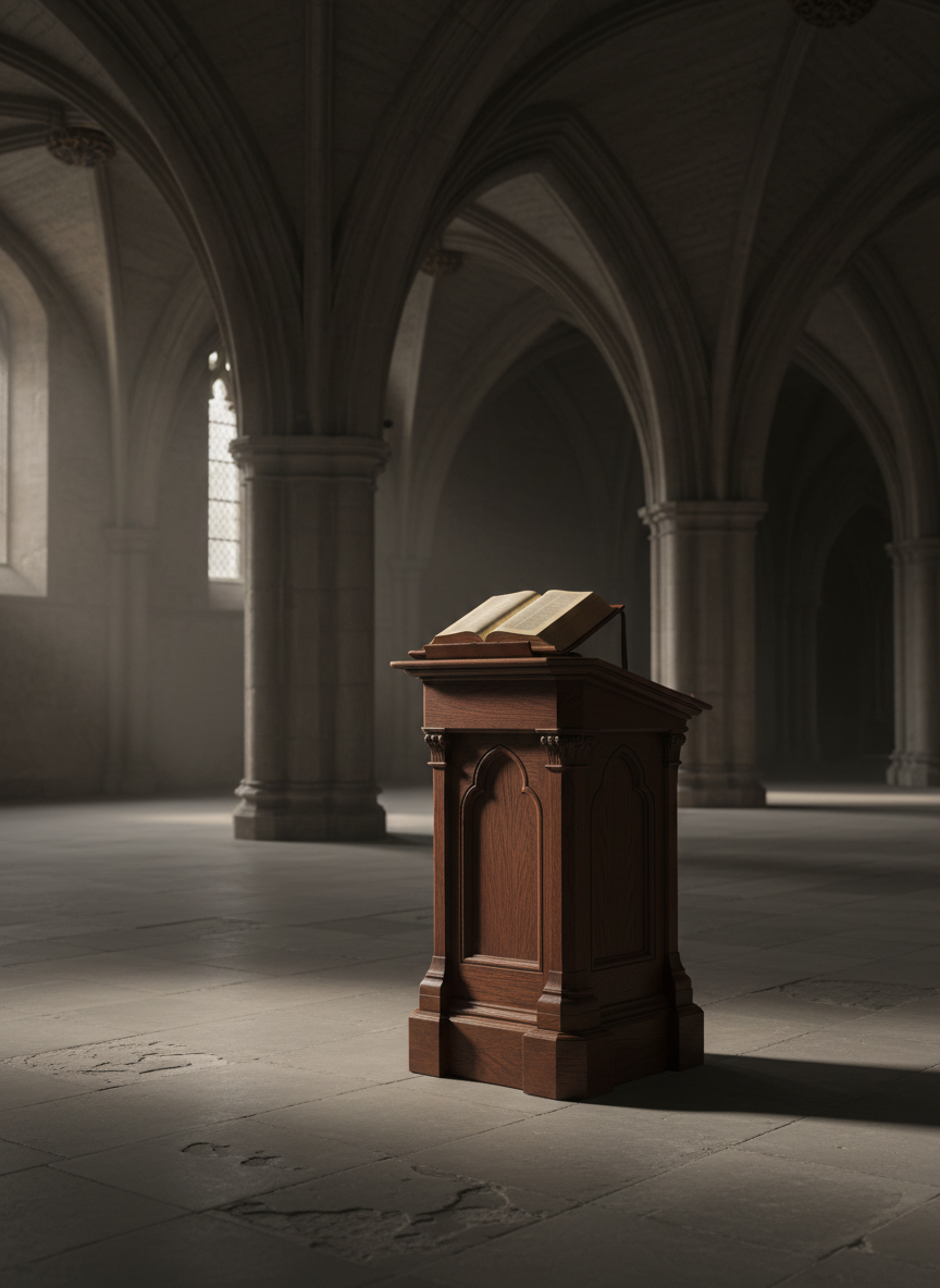A finely crafted wooden pulpit of dark, polished oak stands alone beneath a high vaulted ceiling, its surface adorned only with an open, leather-bound Bible whose gilt-edged pages gently curve. The pulpit rests on a stone floor with faintly visible wear, surrounded by an uncluttered expanse of shadowy interior arches. Soft, diffused morning light streams in from tall, unseen windows, washing the pulpit in a muted glow and casting long, delicate shadows. Shot at eye level with a slight three-quarter angle, the composition follows the rule of thirds, leaving negative space above. The mood is contemplative and reverent, rendered in photographic realism with a muted, sophisticated palette and minimalist, elegant details.
