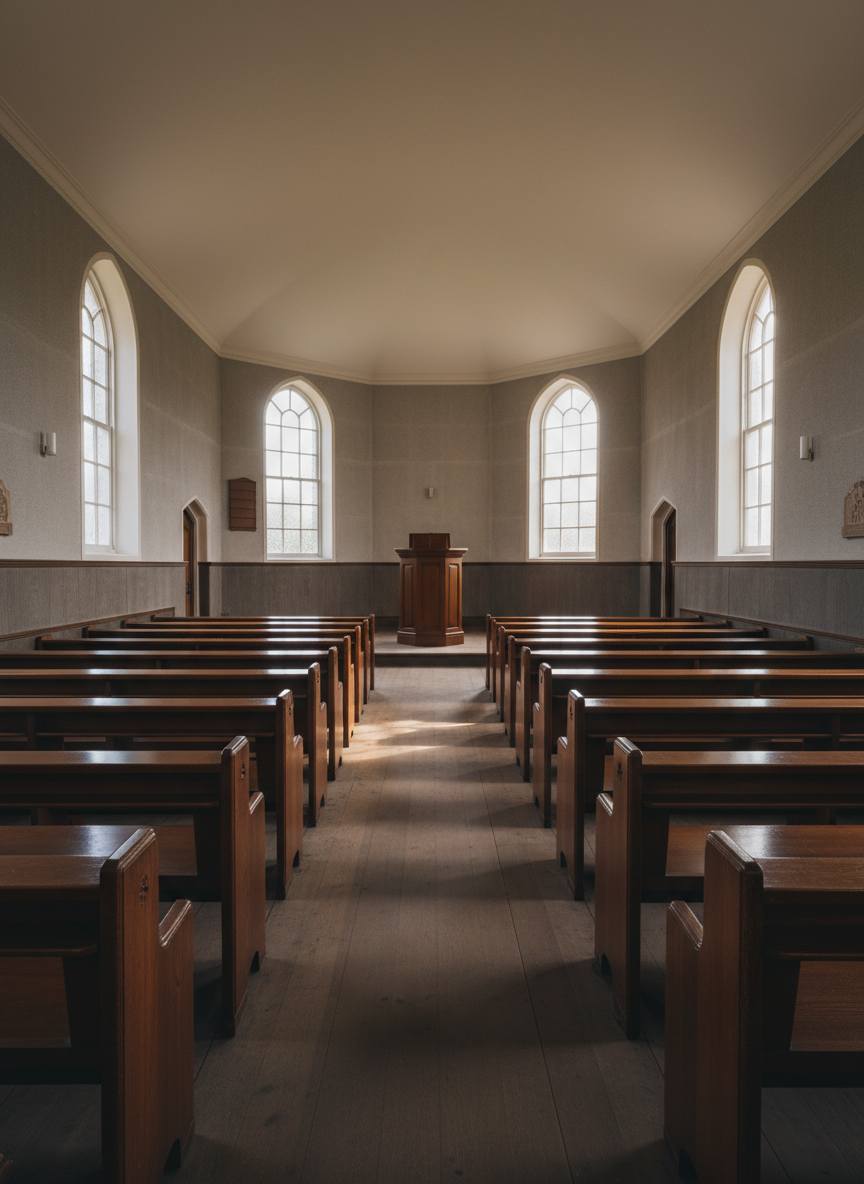A simple, wooden church interior is depicted from the back, with empty, straight pews of dark, satin-finished wood leading the eye toward a raised platform where a solitary, unadorned pulpit stands. Large, arched windows on either side admit soft, late-afternoon light, which falls in subtle beams across the polished pew tops, creating gentle gradients and diffuse reflections. The color palette is restrained—warm browns, stone grays, and soft creams—emphasizing calm and clarity. Captured with a wide-angle, eye-level perspective, the composition uses strong leading lines and deep focus to draw attention forward. The mood is quiet, anticipatory, and reverent, embodying the idea of words about to be spoken, in a clean, photographic, minimalist style.