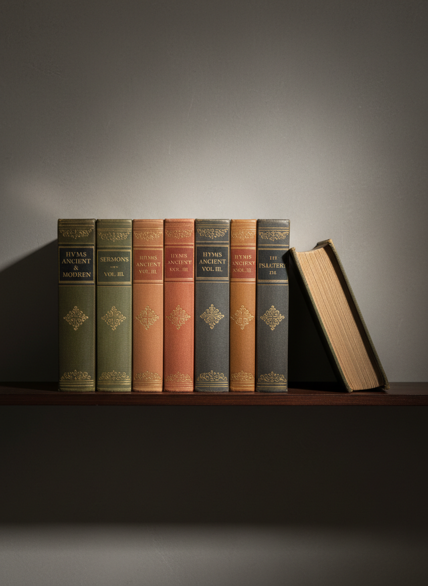 A row of well-worn hymnals and sermon volumes with muted, earth-toned covers stands neatly aligned on a sturdy, dark wood shelf, their spines embossed with understated gold titles and delicate filigree. A single volume is slightly pulled forward, revealing thin, softly textured pages. The shelf is set against a smooth, stone-gray wall with a subtle gradient of light. Gentle, warm side lighting from an unseen lamp creates soft highlights on the leather textures and casts calm, elongated shadows along the wall. Framed in a centered, symmetrical composition at eye level, the image maintains sharp focus throughout. The atmosphere is serene and orderly, suggesting depth of tradition and wisdom, presented with photographic realism and a sophisticated, minimalist aesthetic.